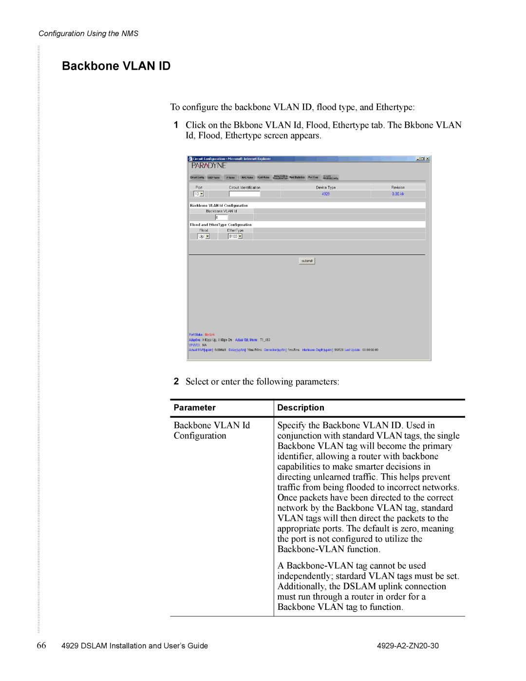 Zhone Technologies 4929 DSLAM manual Backbone Vlan ID 