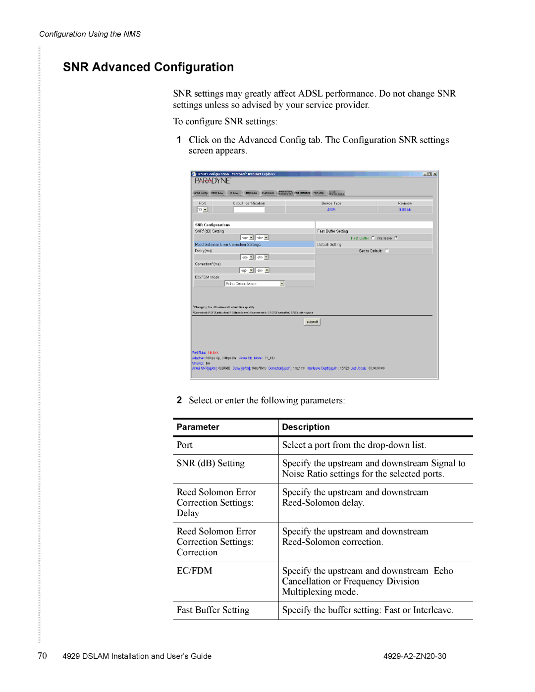 Zhone Technologies 4929 DSLAM manual SNR Advanced Configuration, Ec/Fdm 