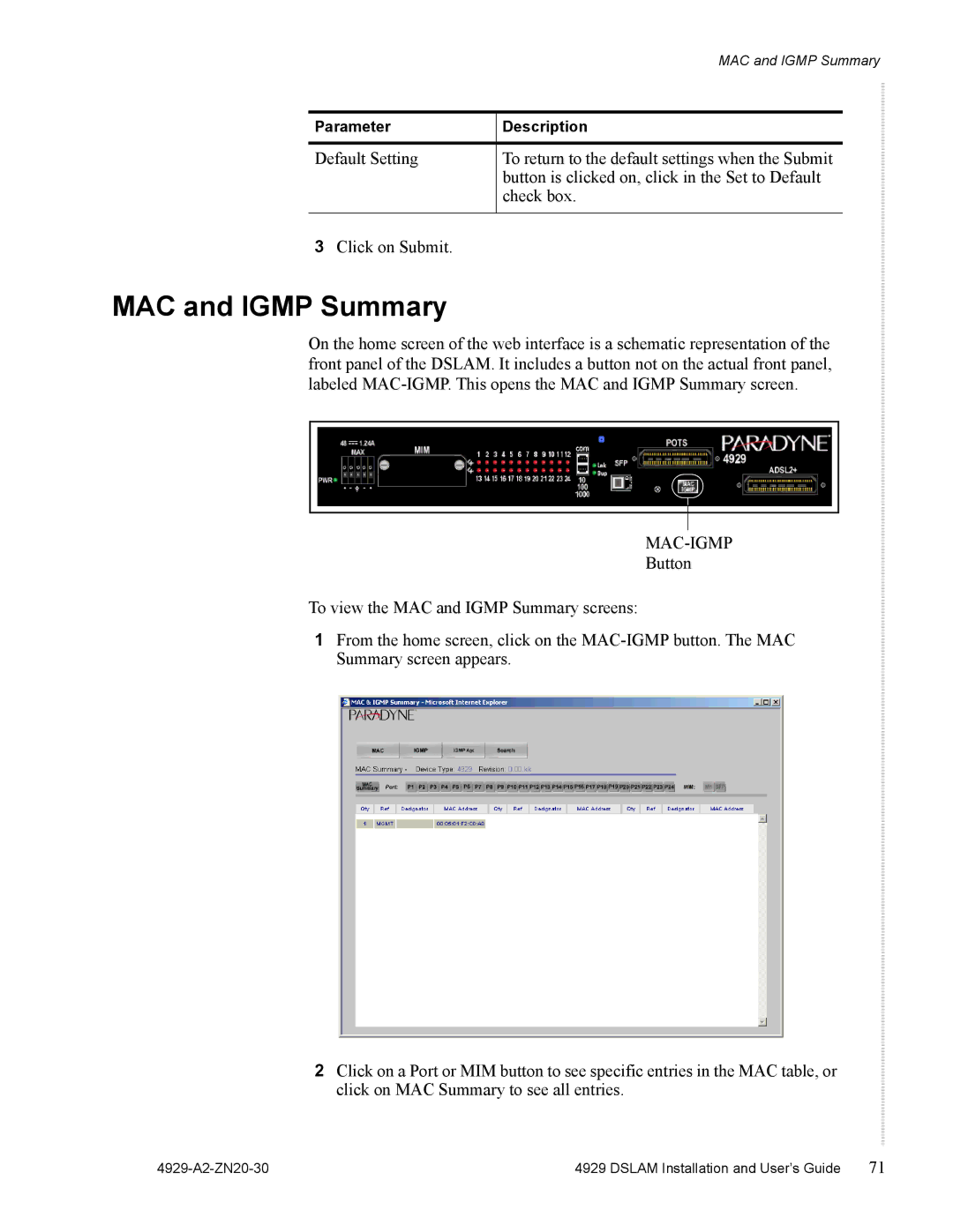 Zhone Technologies 4929 DSLAM manual MAC and Igmp Summary, Mac-Igmp 