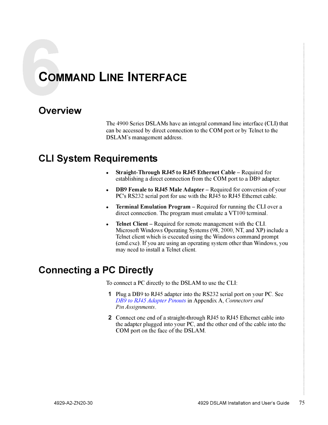 Zhone Technologies 4929 DSLAM manual Command Line Interface, CLI System Requirements, Connecting a PC Directly 