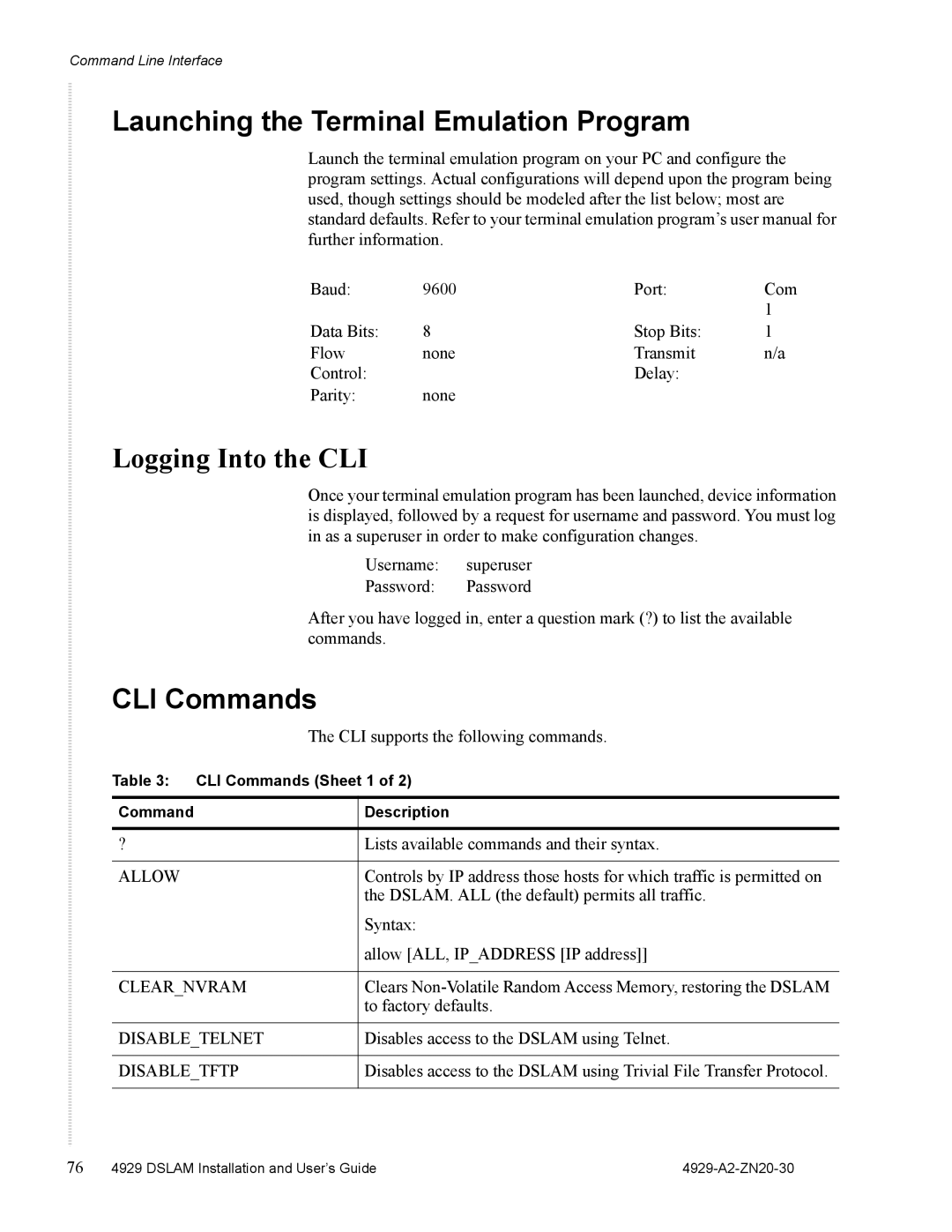 Zhone Technologies 4929 DSLAM manual Launching the Terminal Emulation Program, CLI Commands 