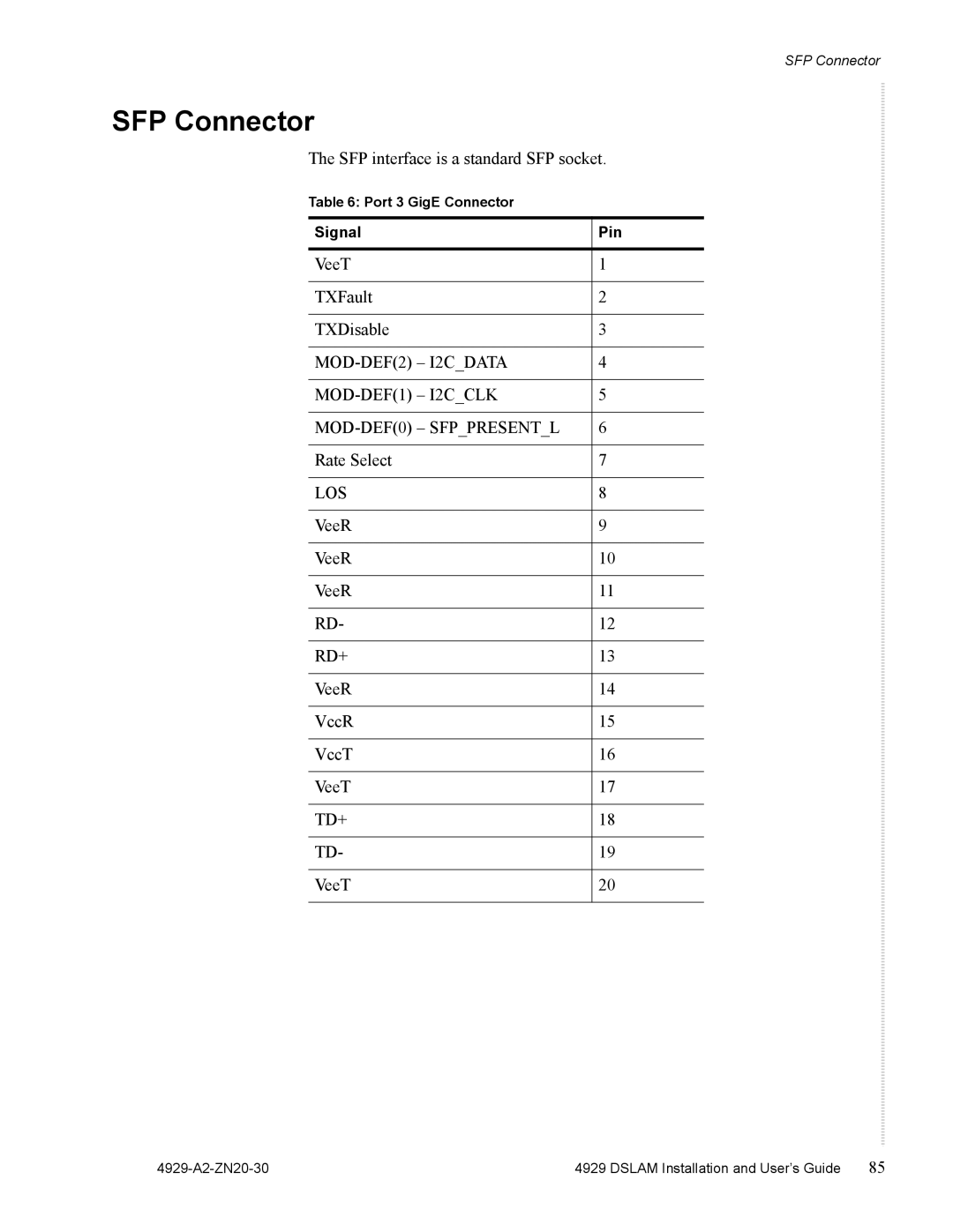 Zhone Technologies 4929 DSLAM manual SFP Connector, MOD-DEF2 I2CDATA MOD-DEF1 I2CCLK MOD-DEF0 Sfppresentl, Los, Rd+, Td+ 