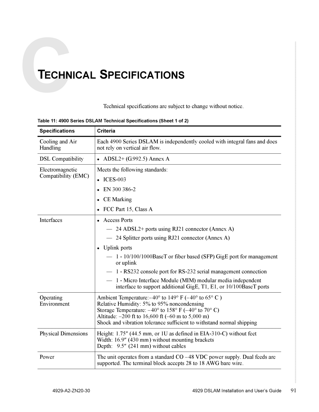 Zhone Technologies 4929 DSLAM manual Technical Specifications 