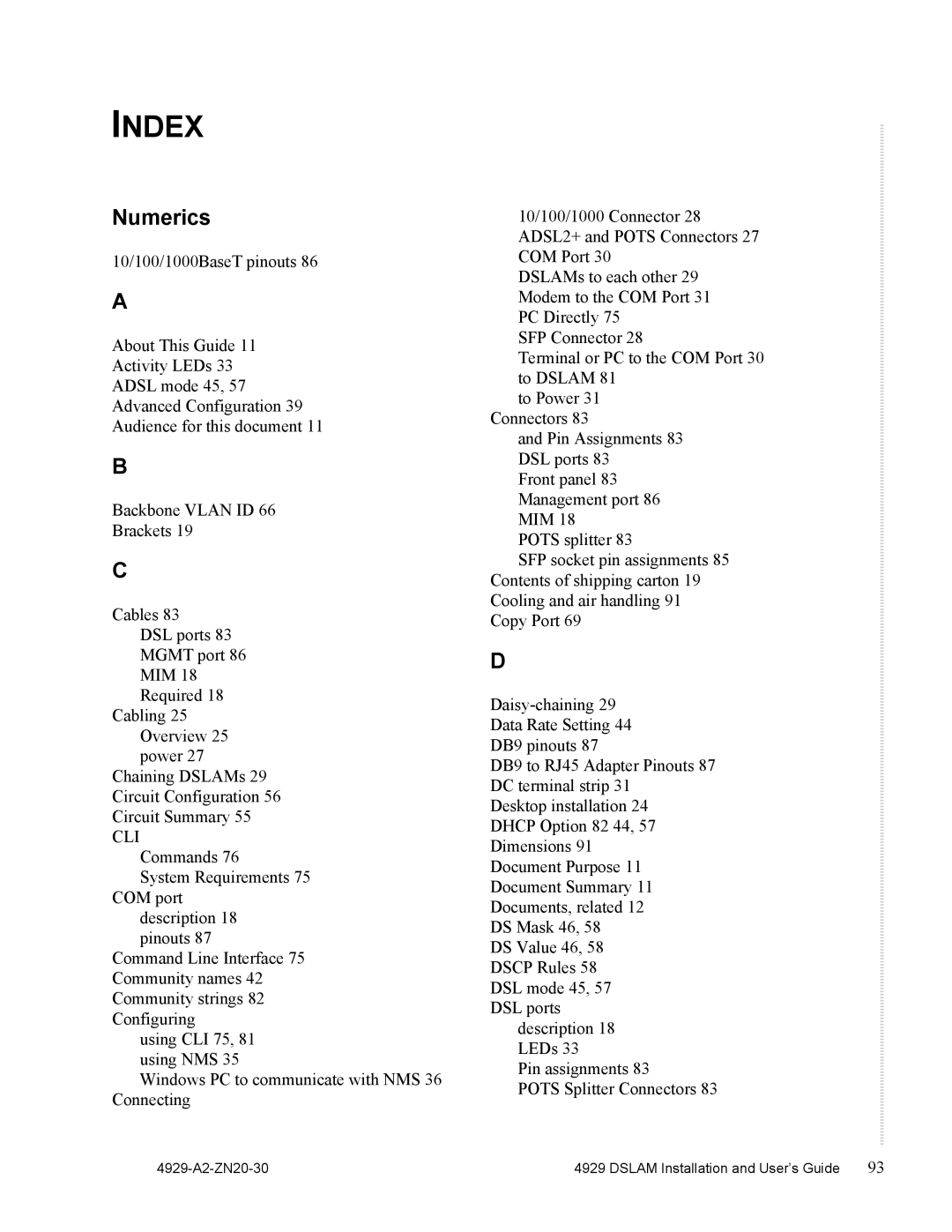 Zhone Technologies 4929 DSLAM manual Index, Numerics, Cli 