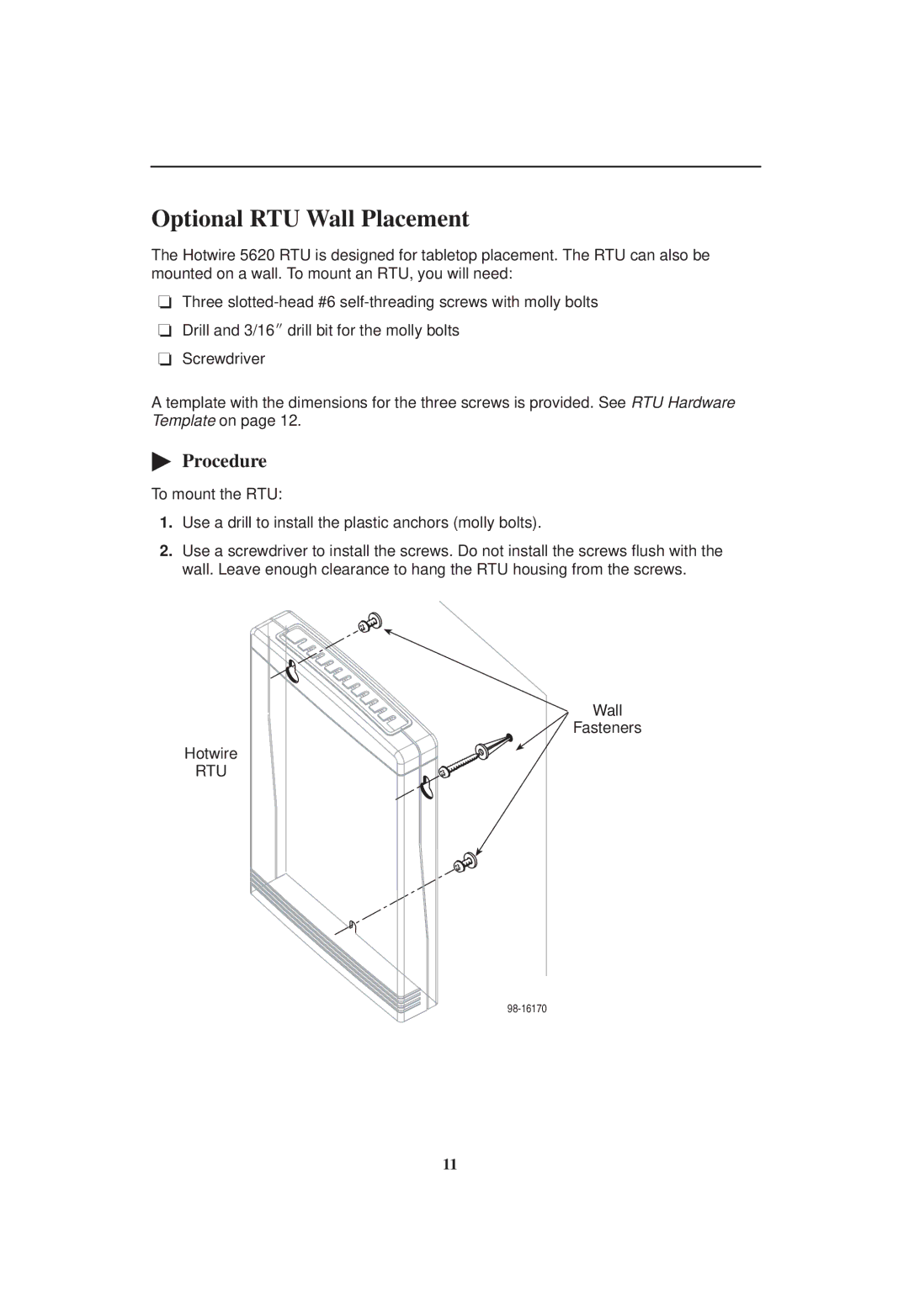 Zhone Technologies 5620 installation instructions Optional RTU Wall Placement, Procedure 