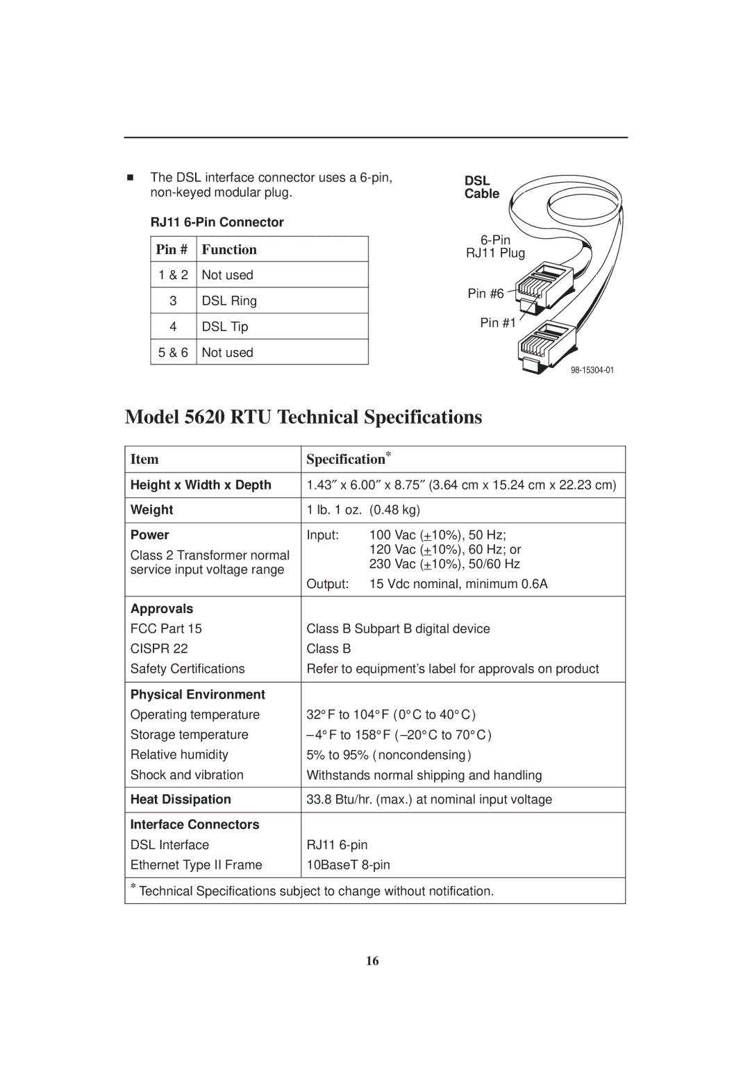 Zhone Technologies installation instructions Model 5620 RTU Technical Specifications 