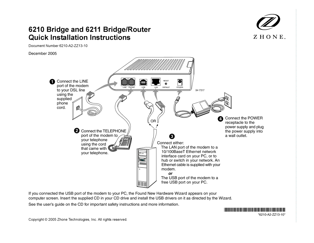 Zhone Technologies 6211, 6210 installation instructions Cord, Connect the Power, Receptacle to, Power supply and plug 