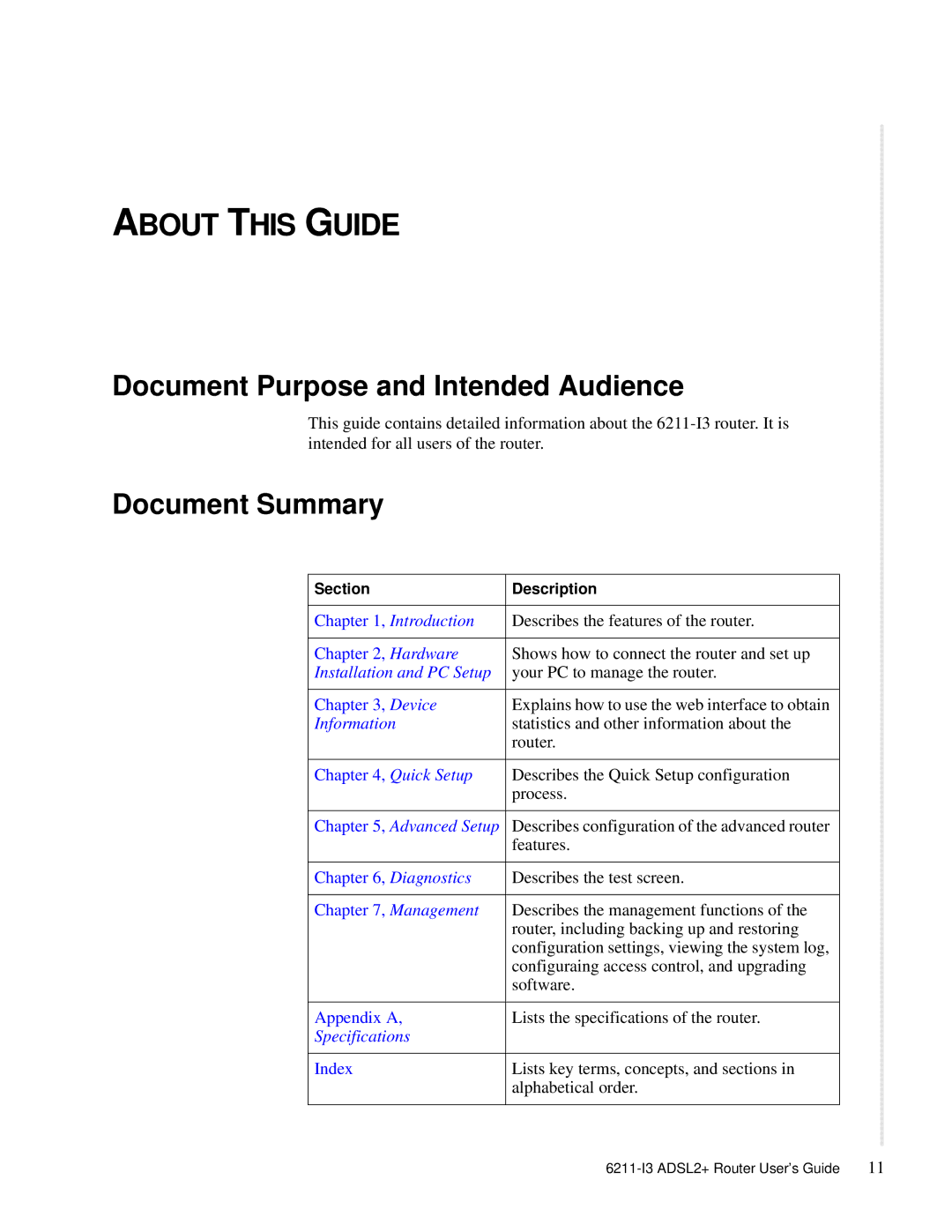 Zhone Technologies 6211-I3 ADSL2+ manual About this Guide, Document Purpose and Intended Audience, Document Summary 