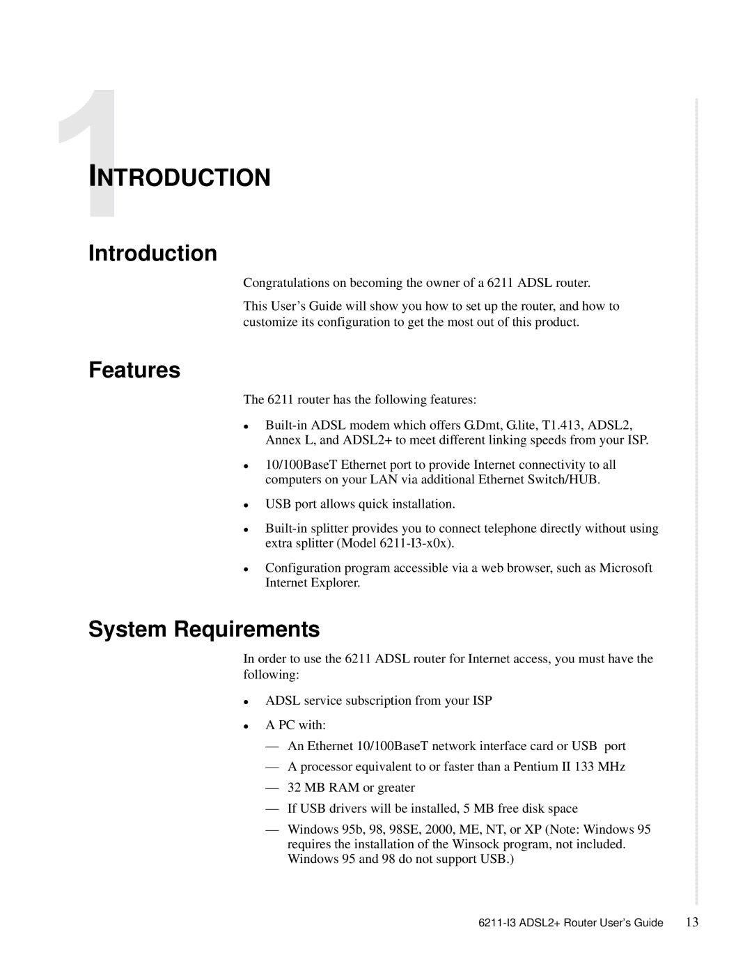 Zhone Technologies 6211-I3 ADSL2+ manual Introduction, Features, System Requirements 