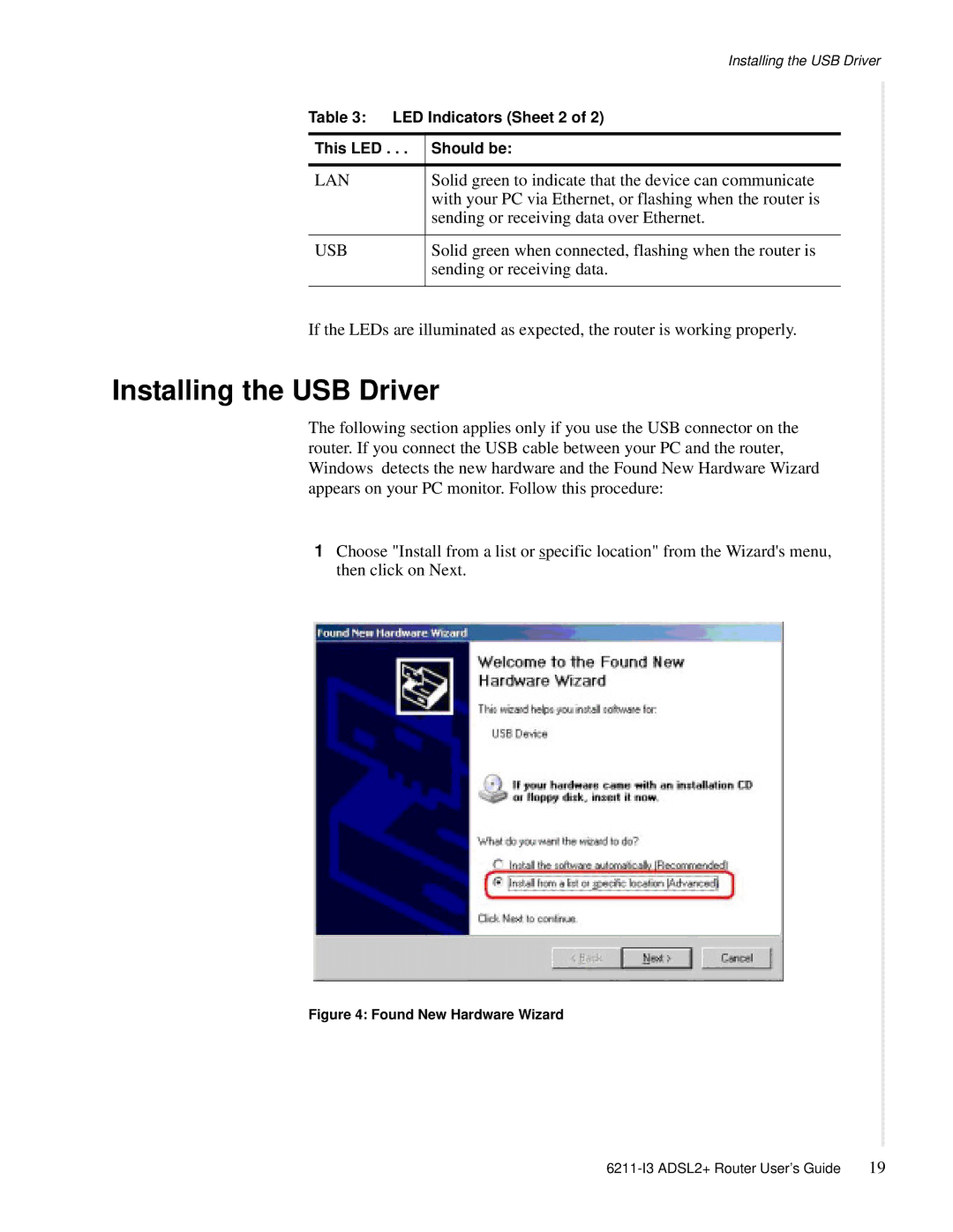 Zhone Technologies 6211-I3 ADSL2+ manual Installing the USB Driver, Found New Hardware Wizard 