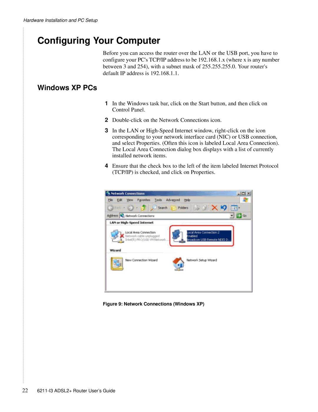 Zhone Technologies 6211-I3 ADSL2+ manual Configuring Your Computer, Windows XP PCs 