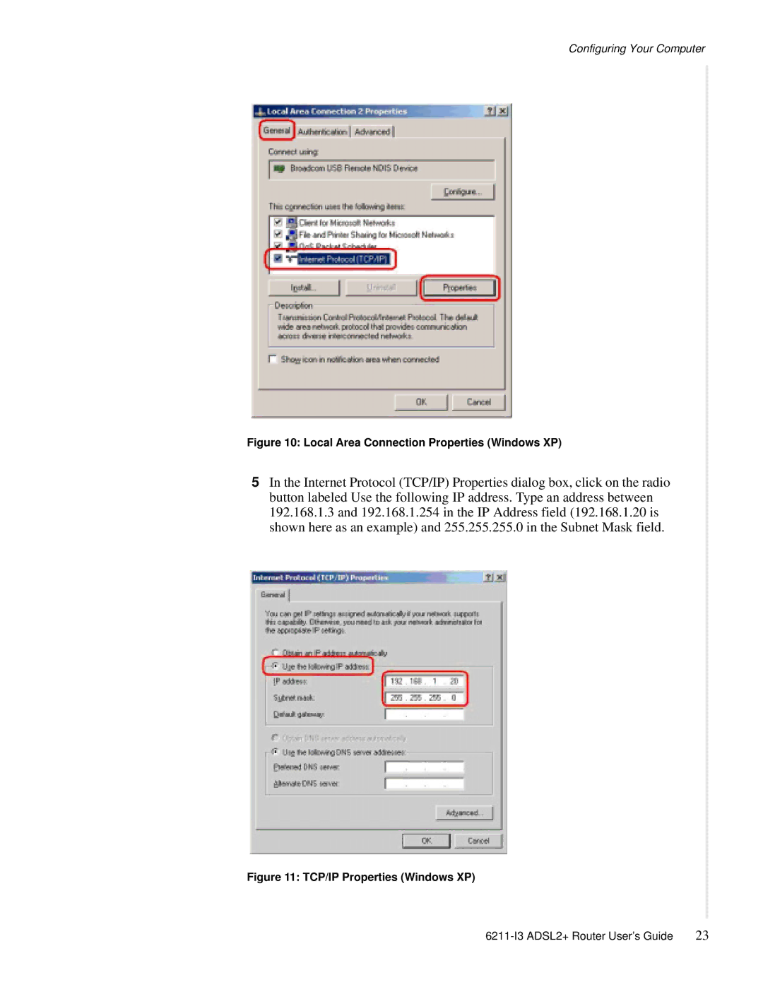 Zhone Technologies 6211-I3 ADSL2+ manual Local Area Connection Properties Windows XP 