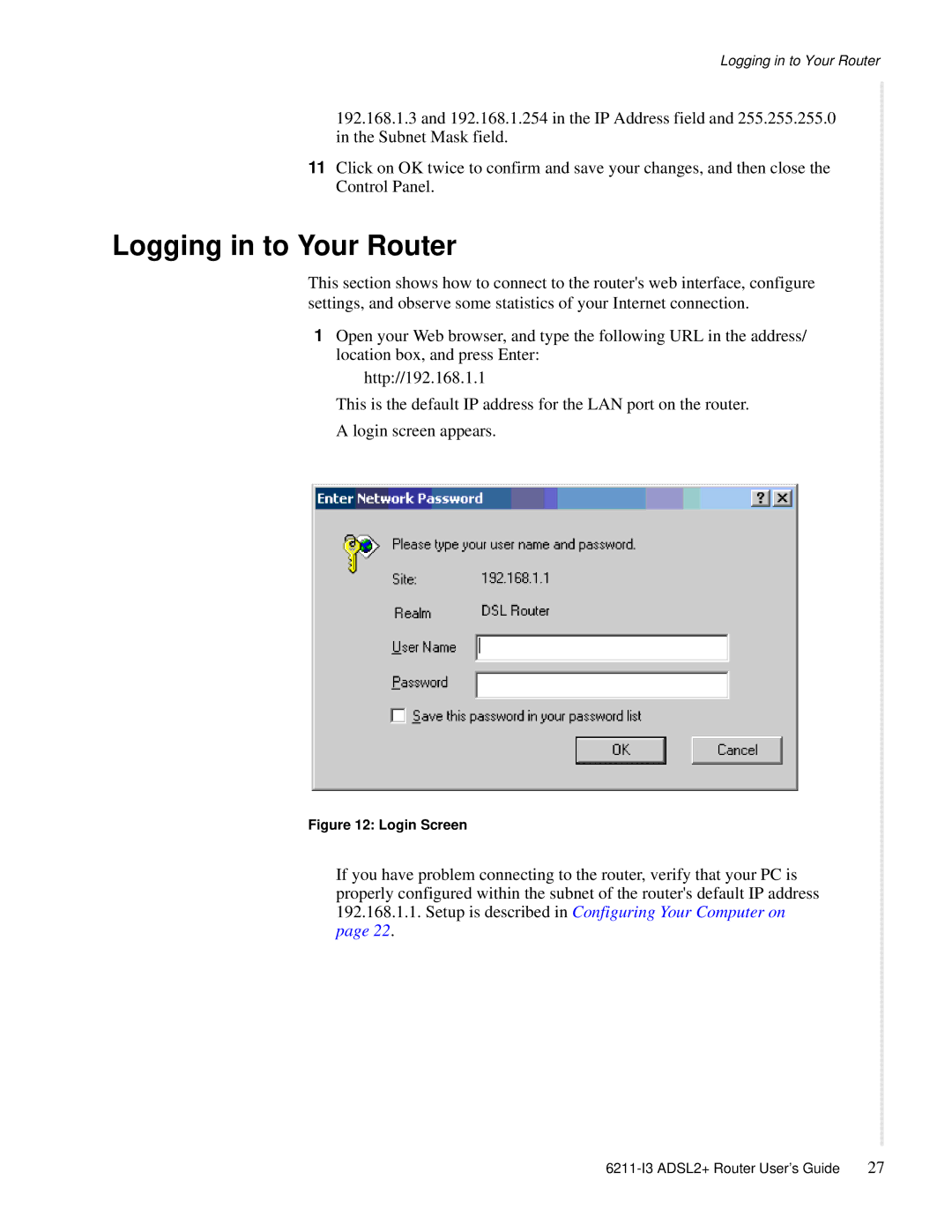 Zhone Technologies 6211-I3 ADSL2+ manual Logging in to Your Router, Login Screen 