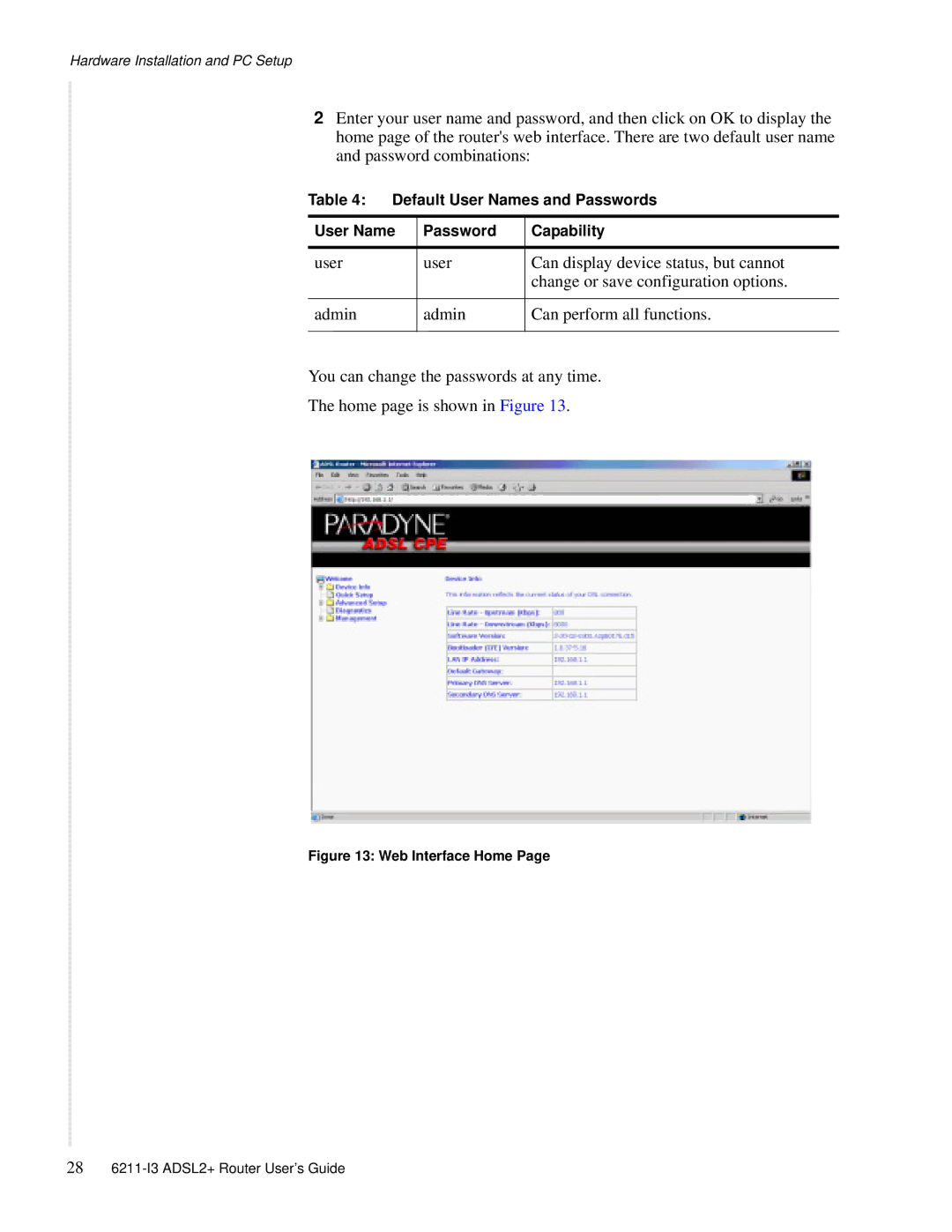 Zhone Technologies 6211-I3 ADSL2+ manual Default User Names and Passwords Capability 