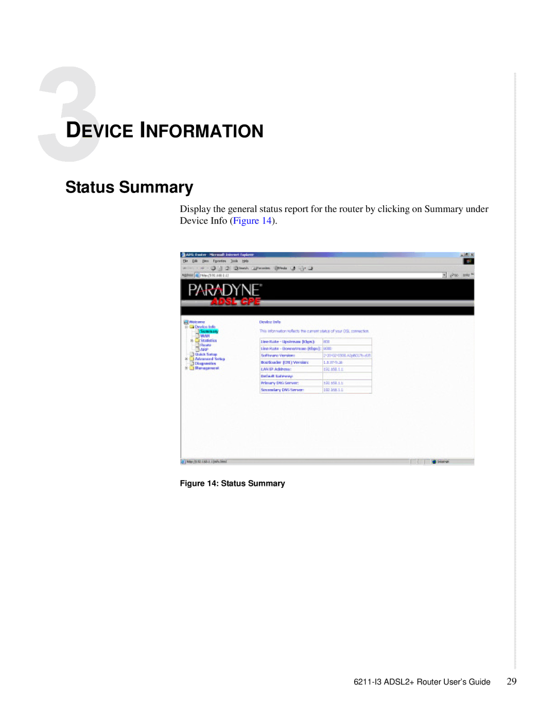 Zhone Technologies 6211-I3 ADSL2+ manual Device Information, Status Summary 