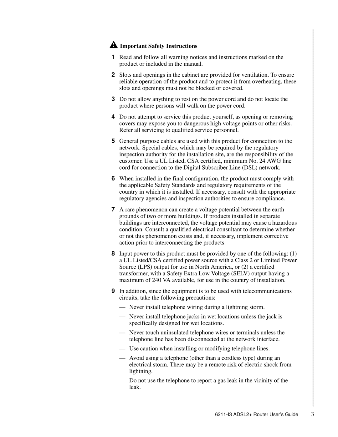 Zhone Technologies 6211-I3 ADSL2+ manual Important Safety Instructions 