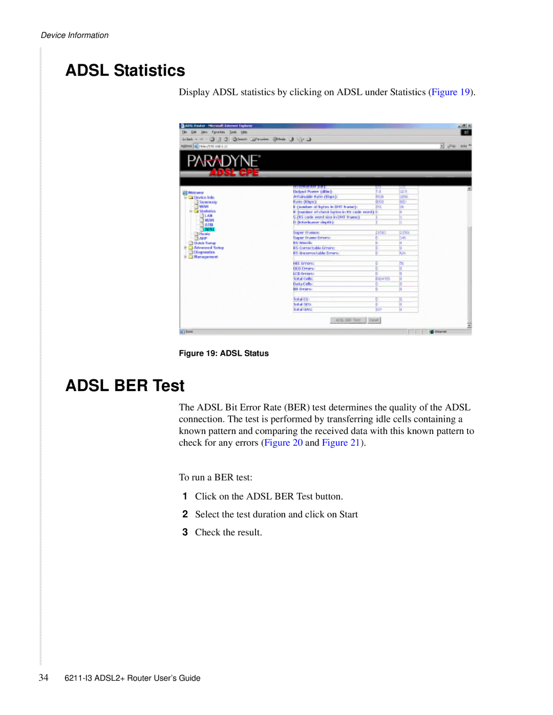 Zhone Technologies 6211-I3 ADSL2+ manual Adsl Statistics, Adsl BER Test 