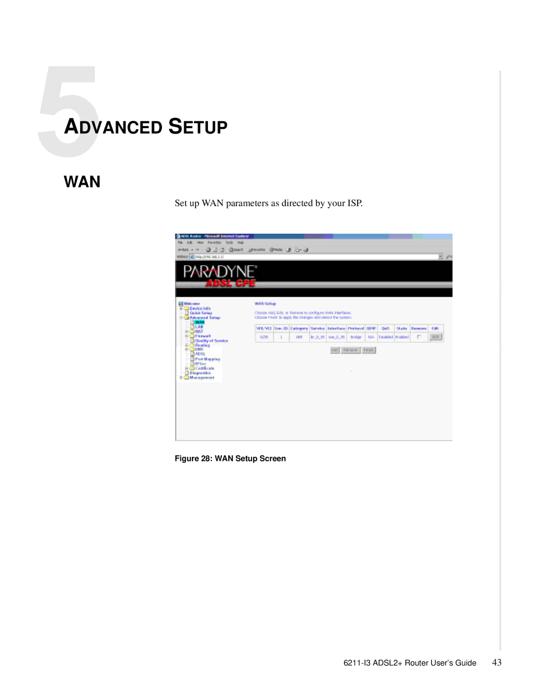 Zhone Technologies 6211-I3 ADSL2+ manual Advanced Setup, WAN Setup Screen 