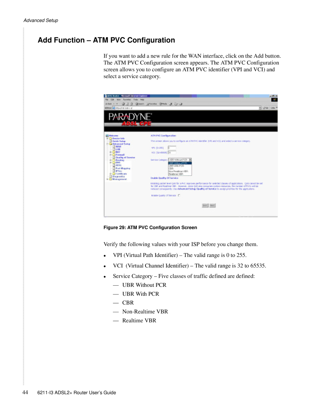 Zhone Technologies 6211-I3 ADSL2+ manual Add Function ATM PVC Configuration, ATM PVC Configuration Screen 