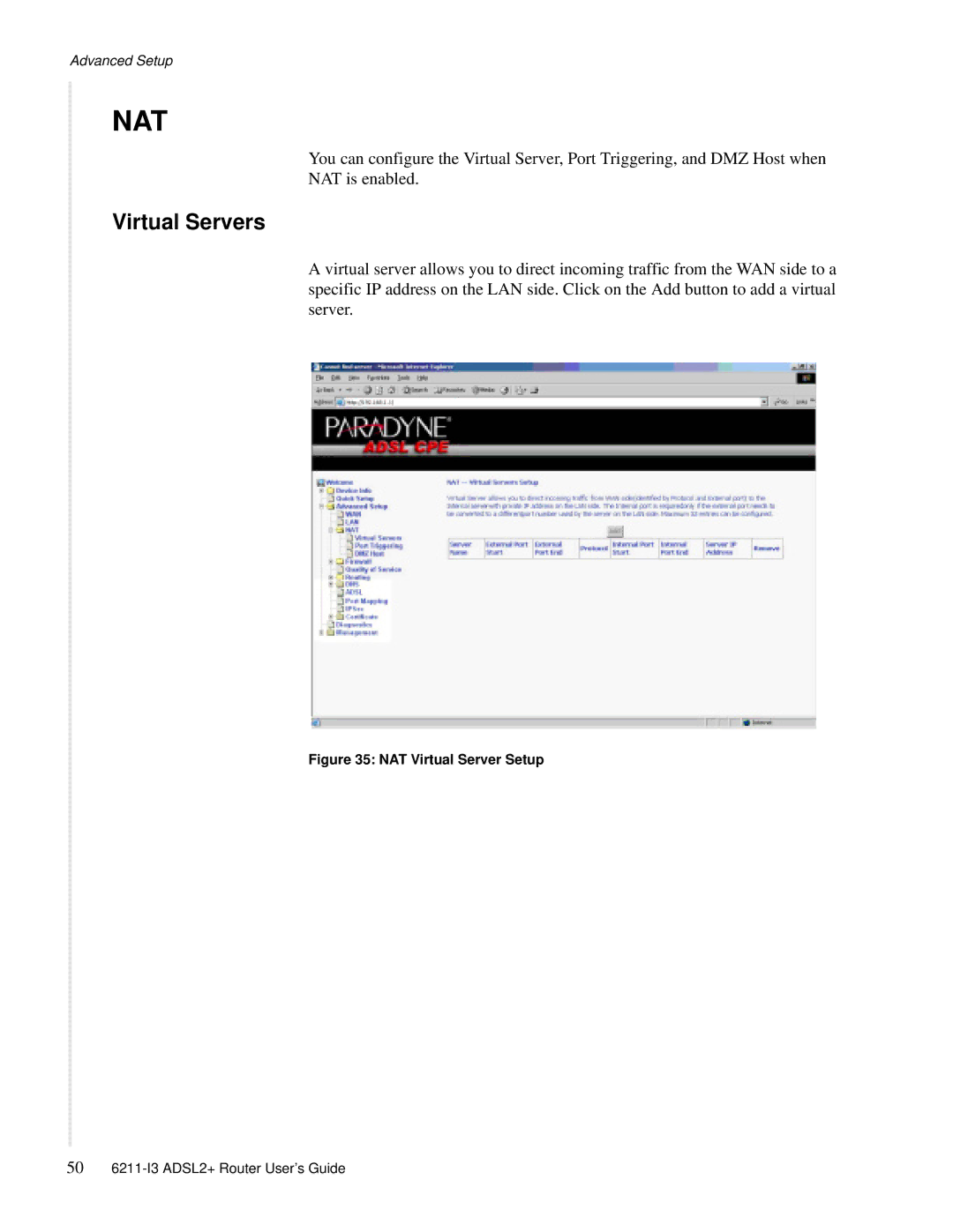 Zhone Technologies 6211-I3 ADSL2+ manual Nat, Virtual Servers 