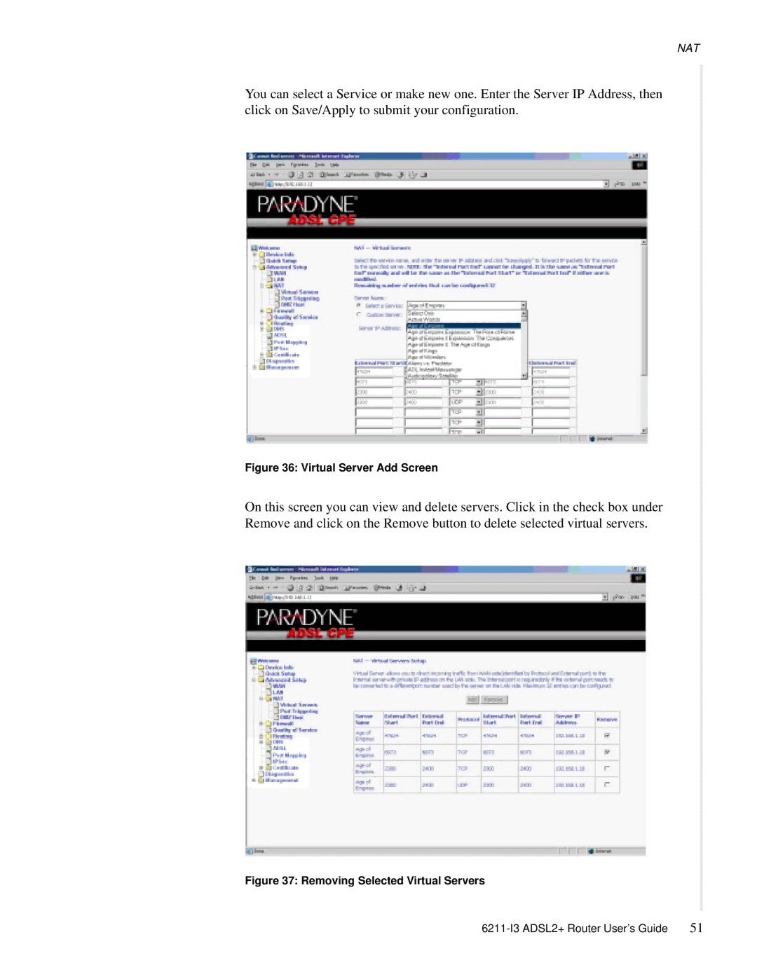 Zhone Technologies 6211-I3 ADSL2+ manual Virtual Server Add Screen 