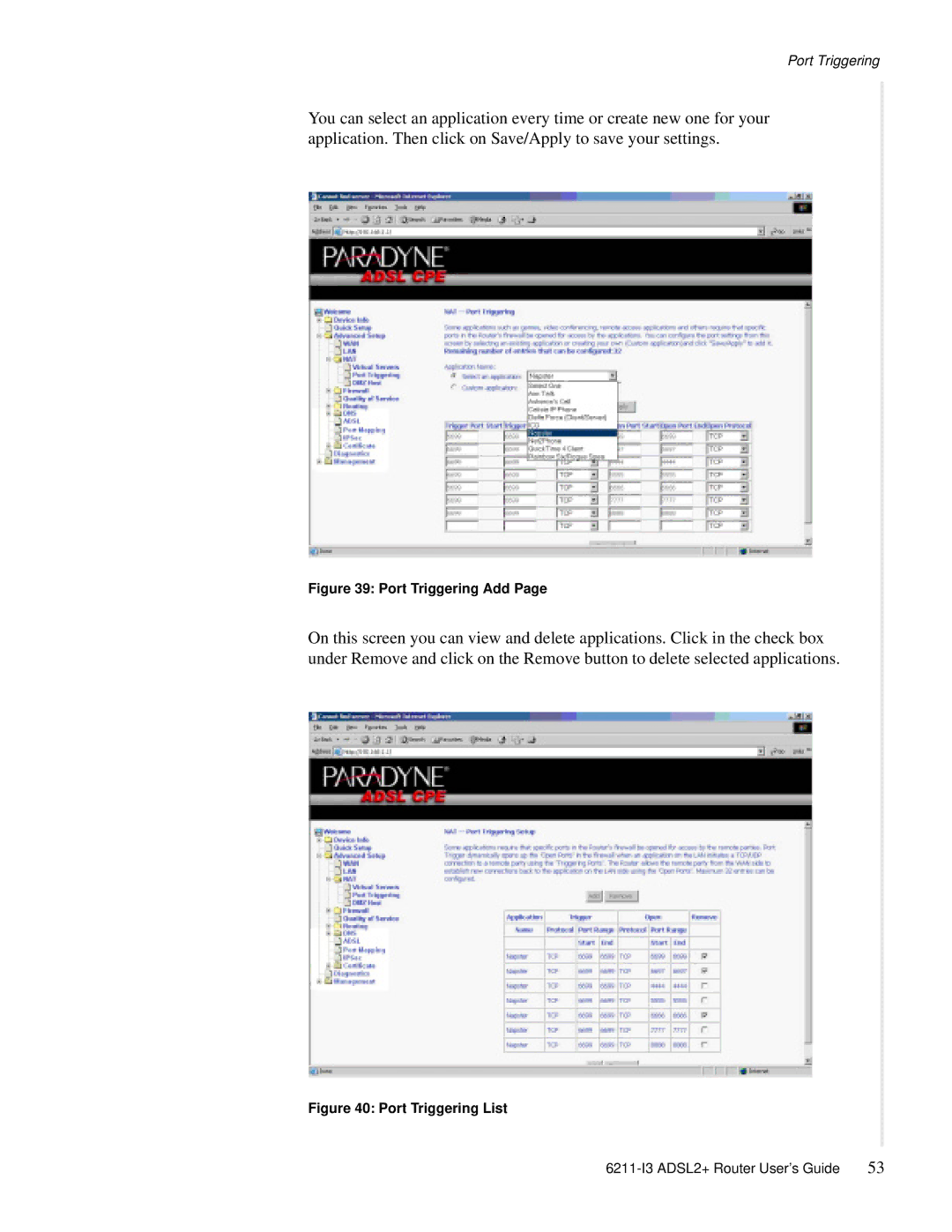 Zhone Technologies 6211-I3 ADSL2+ manual Port Triggering Add 