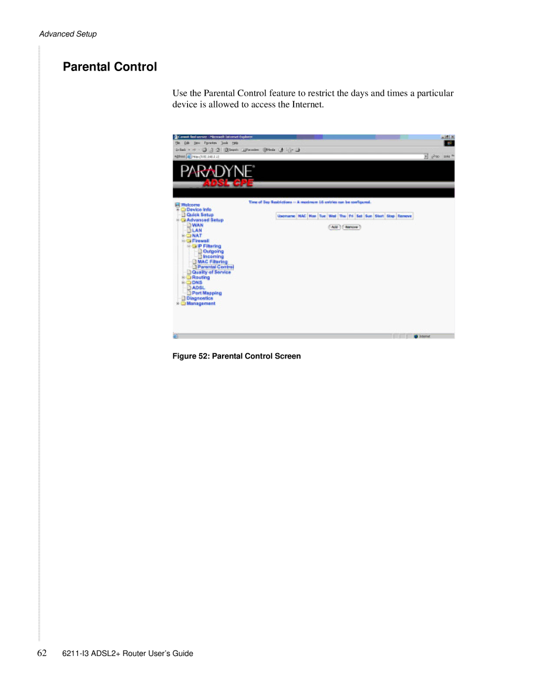 Zhone Technologies 6211-I3 ADSL2+ manual Parental Control Screen 