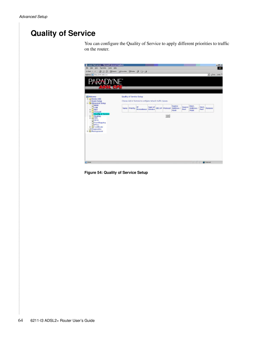 Zhone Technologies 6211-I3 ADSL2+ manual Quality of Service Setup 