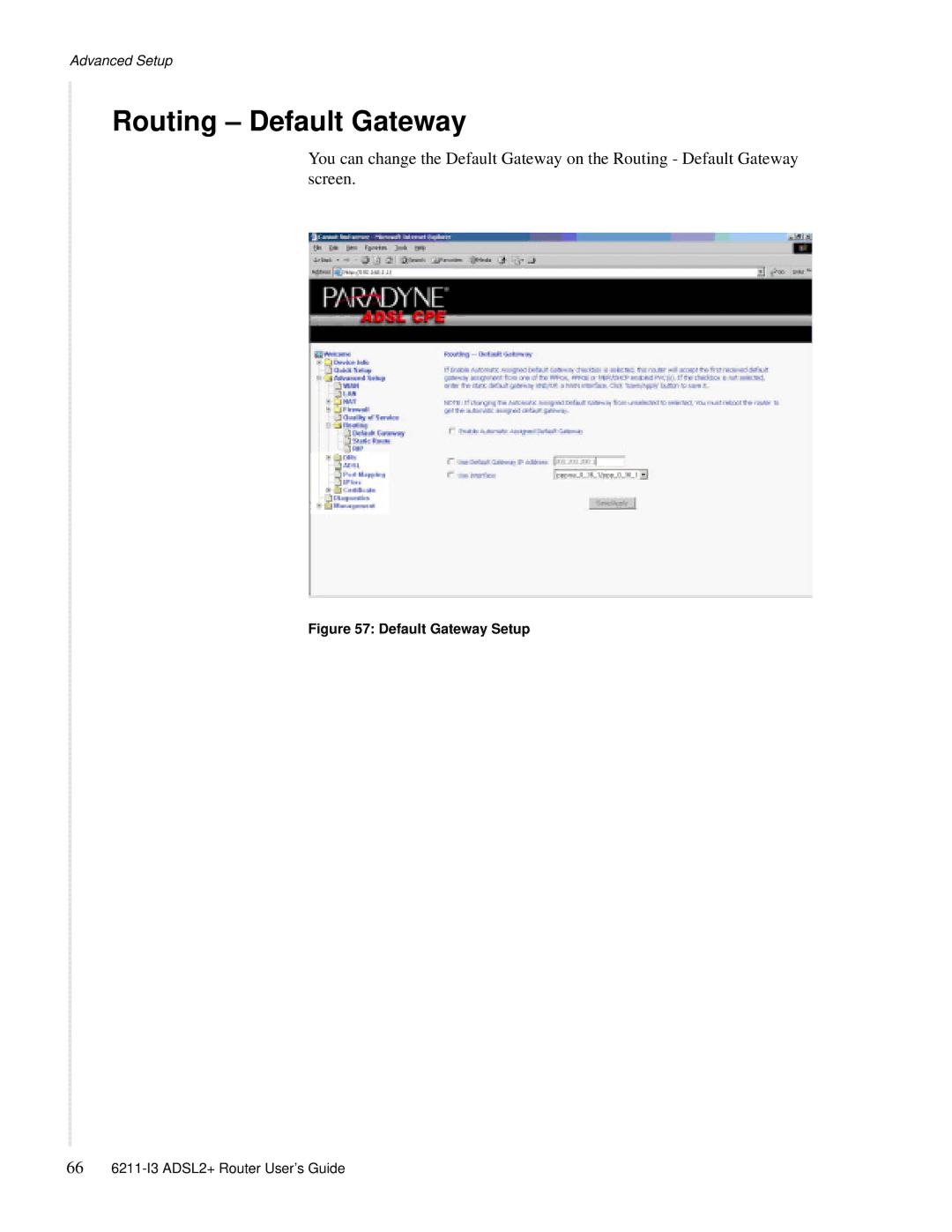 Zhone Technologies 6211-I3 ADSL2+ manual Routing Default Gateway, Default Gateway Setup 