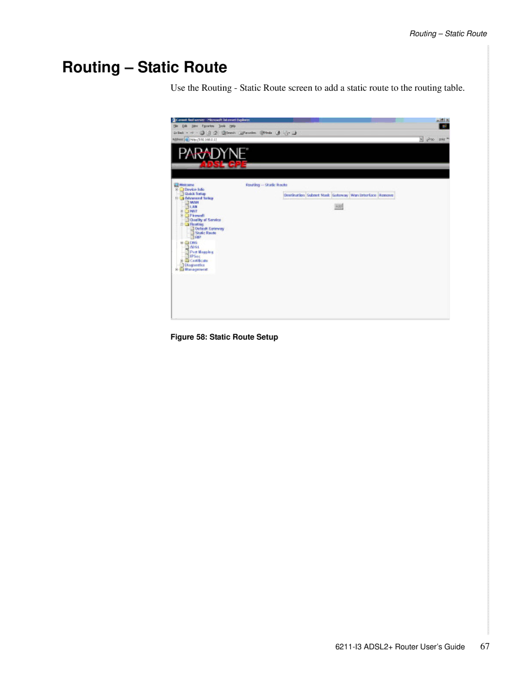 Zhone Technologies 6211-I3 ADSL2+ manual Routing Static Route, Static Route Setup 