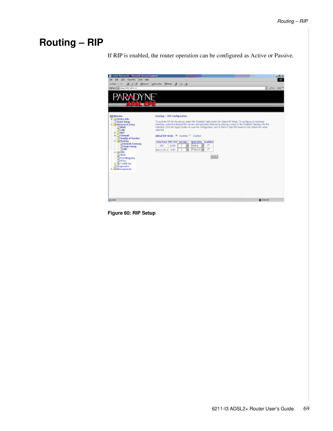 Zhone Technologies 6211-I3 ADSL2+ manual Routing RIP, RIP Setup 