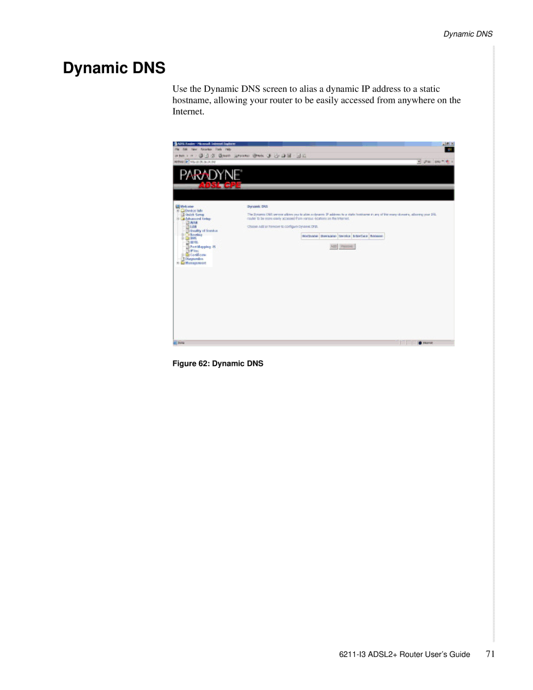Zhone Technologies 6211-I3 ADSL2+ manual Dynamic DNS 