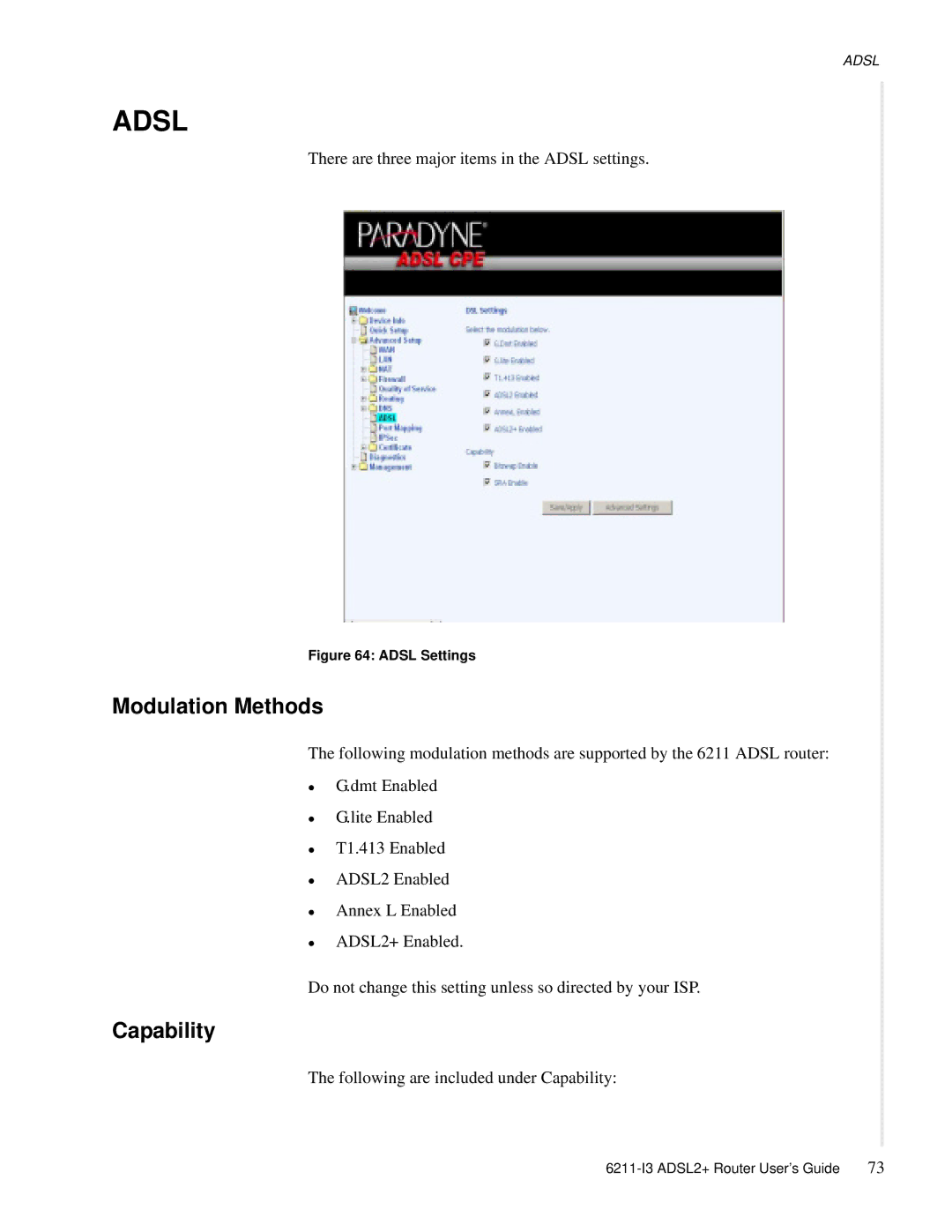 Zhone Technologies 6211-I3 ADSL2+ manual Modulation Methods, Capability 