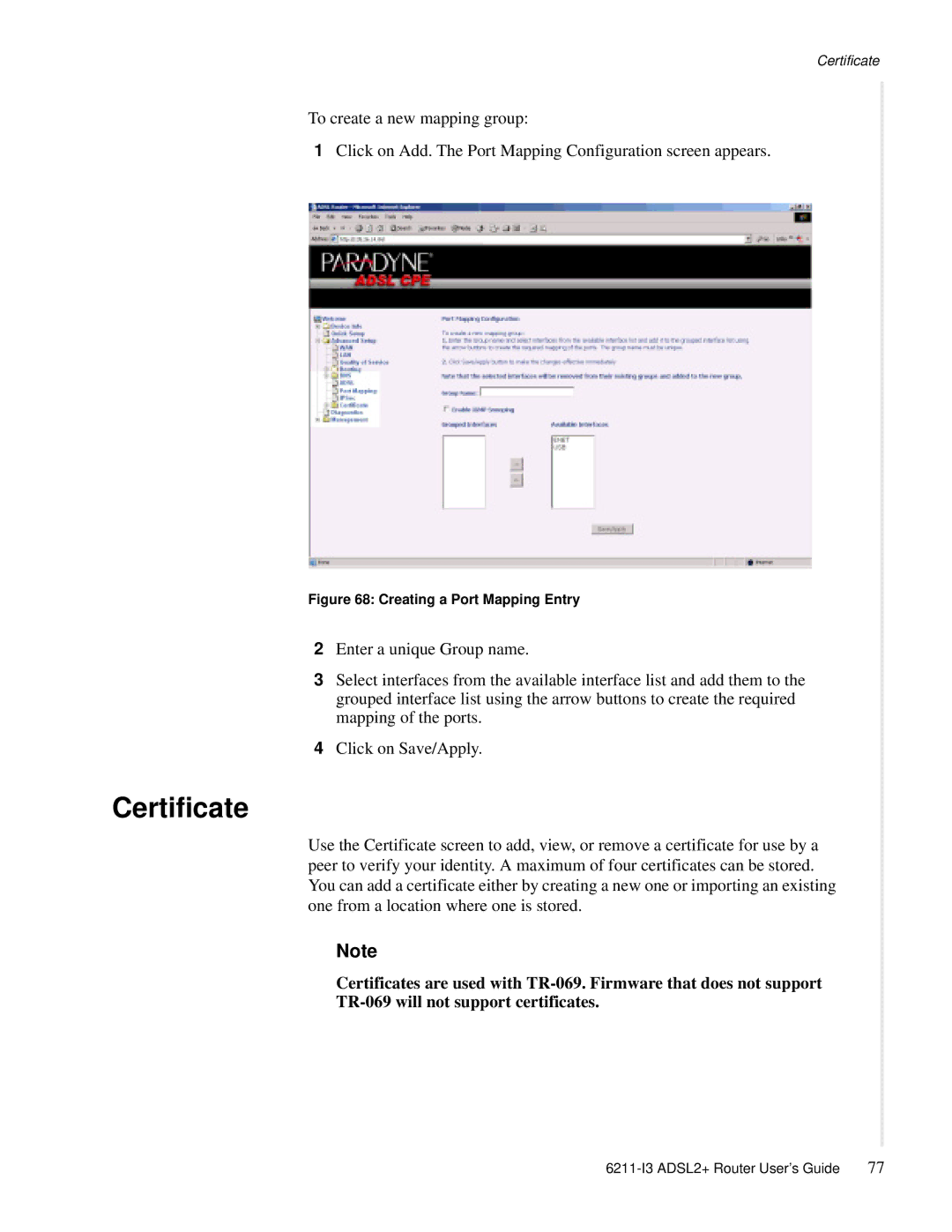 Zhone Technologies 6211-I3 ADSL2+ manual Certificate, Creating a Port Mapping Entry 