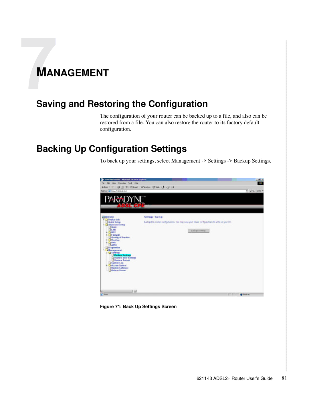 Zhone Technologies 6211-I3 ADSL2+ Management, Saving and Restoring the Configuration, Backing Up Configuration Settings 