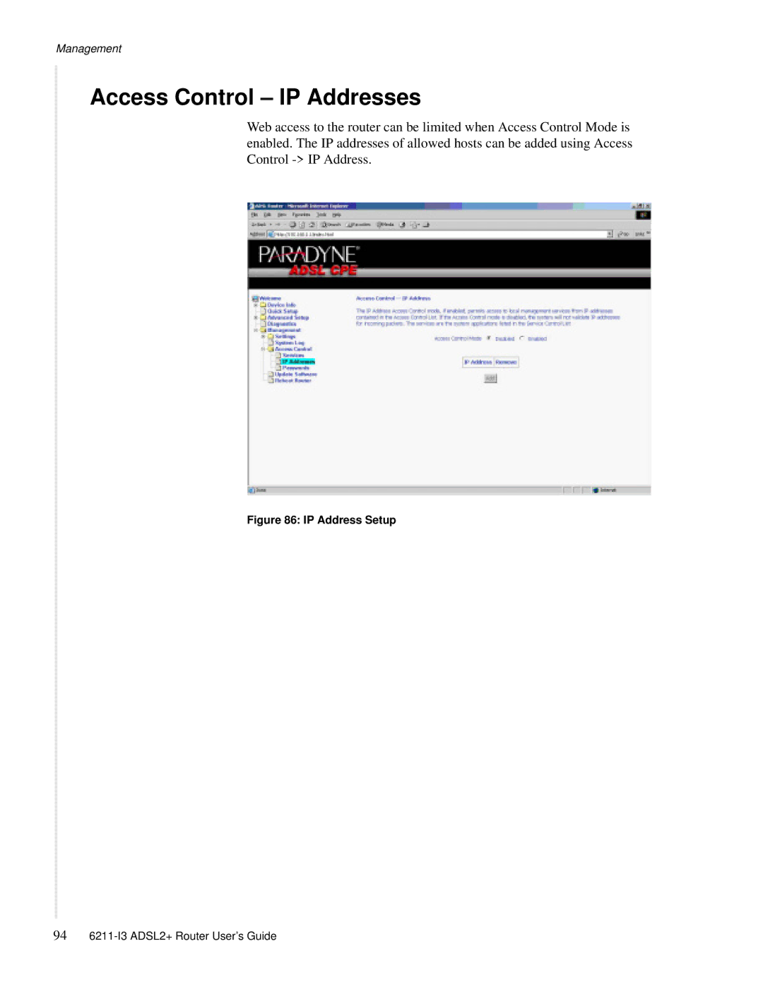 Zhone Technologies 6211-I3 ADSL2+ manual Access Control IP Addresses, IP Address Setup 