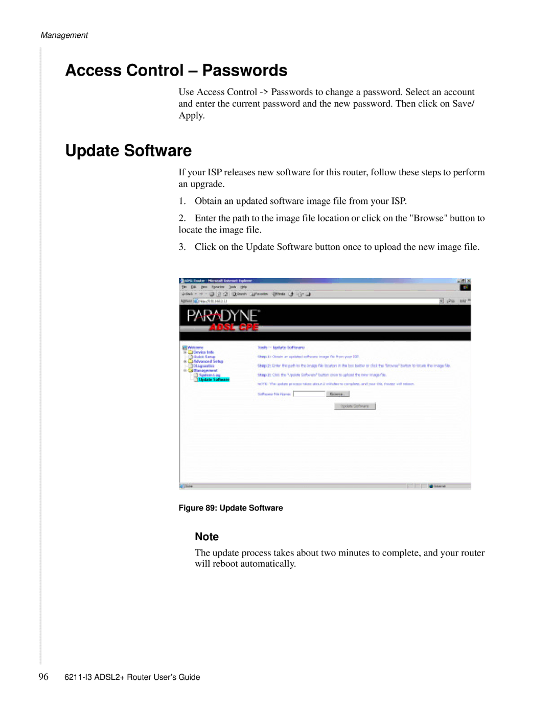 Zhone Technologies 6211-I3 ADSL2+ manual Access Control Passwords, Update Software 