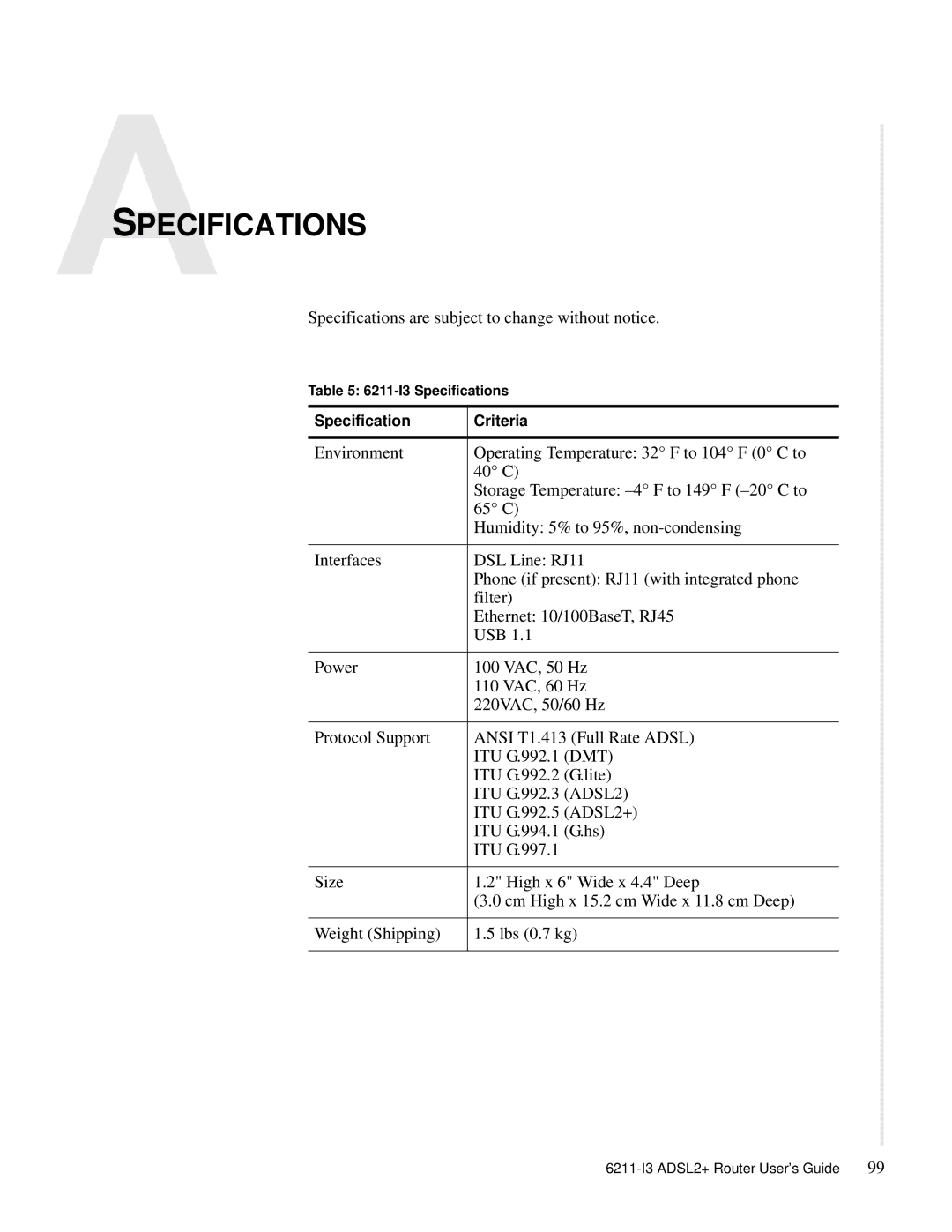 Zhone Technologies 6211-I3 ADSL2+ manual Specifications 