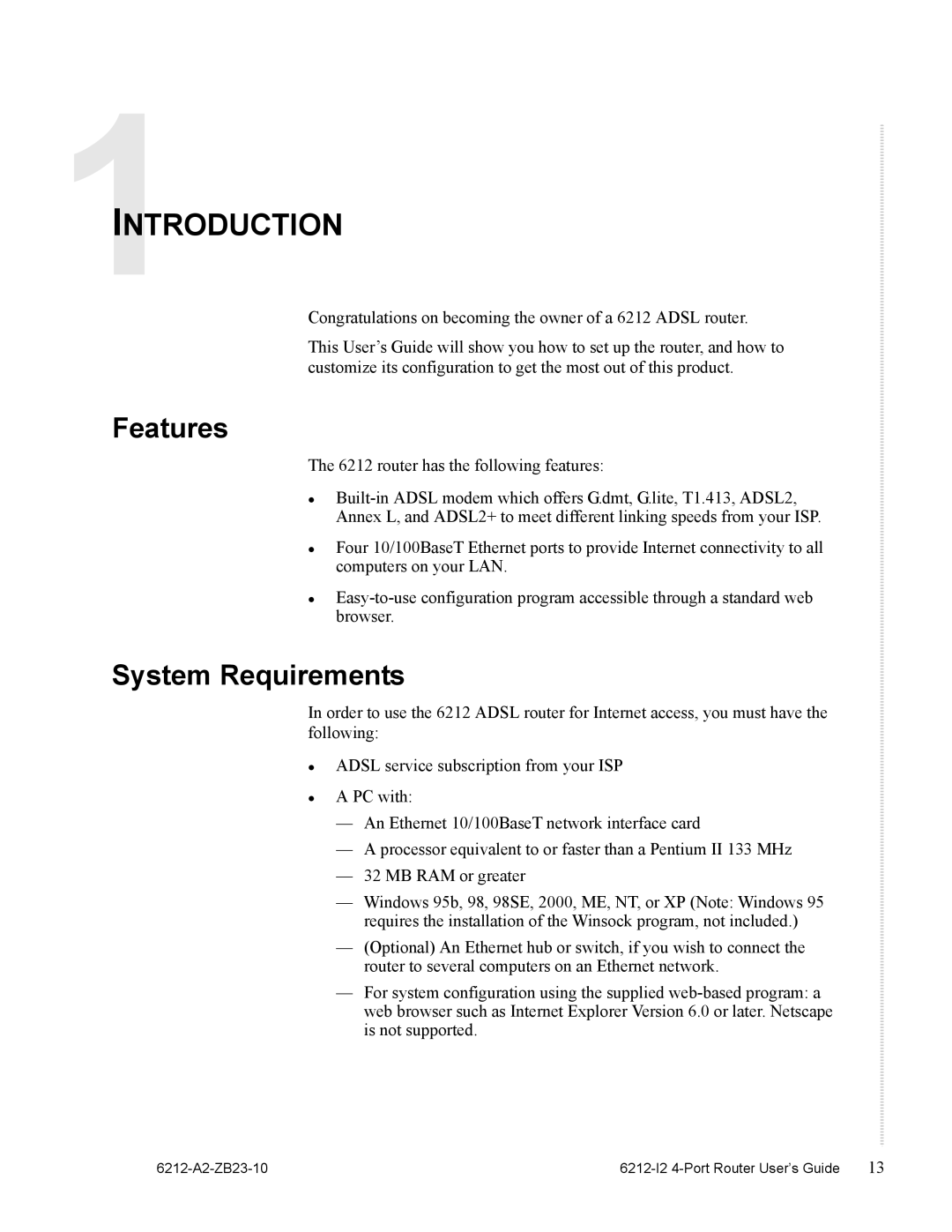 Zhone Technologies 6212-I2 manual Introduction, Features, System Requirements 