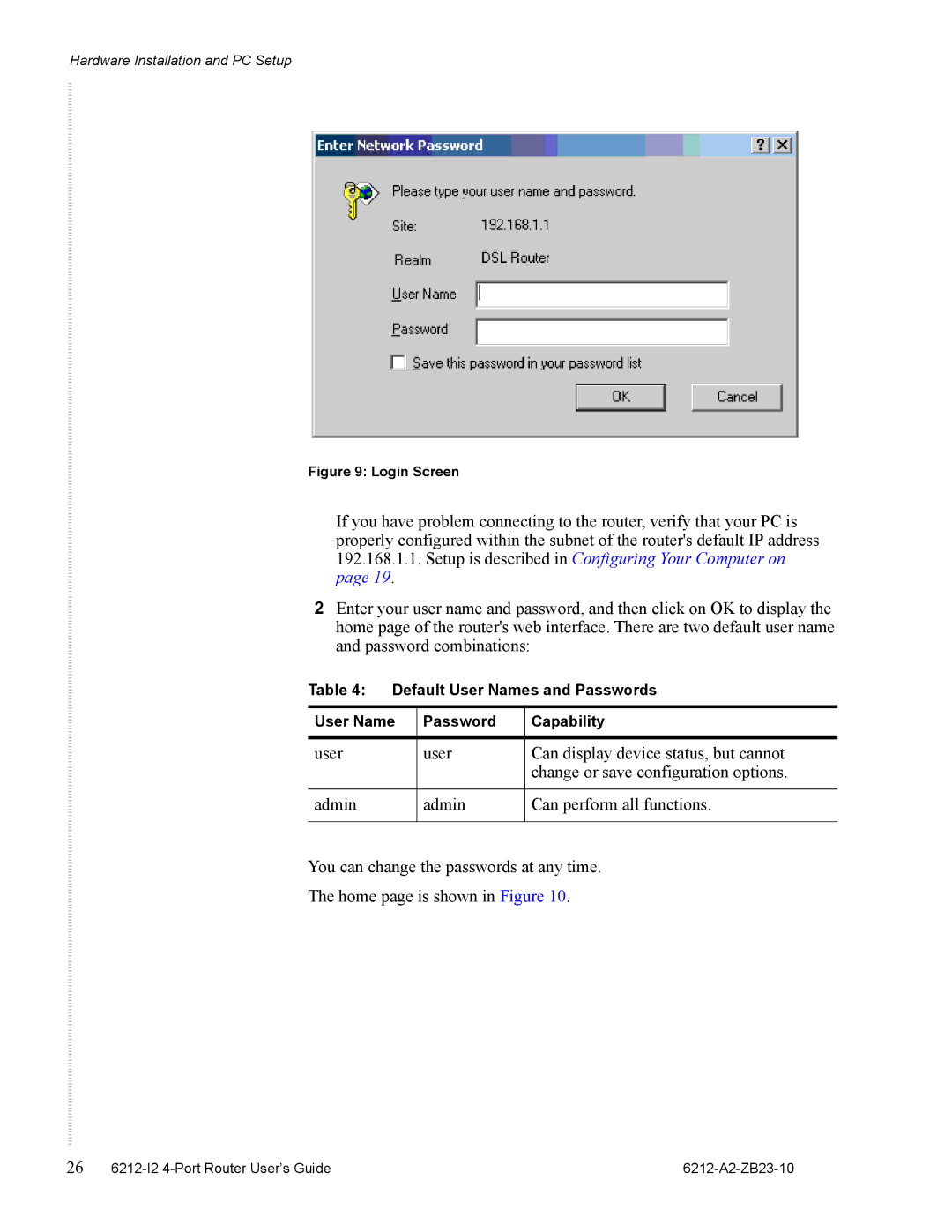 Zhone Technologies 6212-I2 manual Default User Names and Passwords Capability 