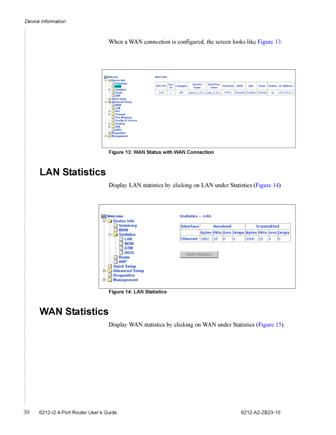 Zhone Technologies 6212-I2 manual LAN Statistics, WAN Statistics 