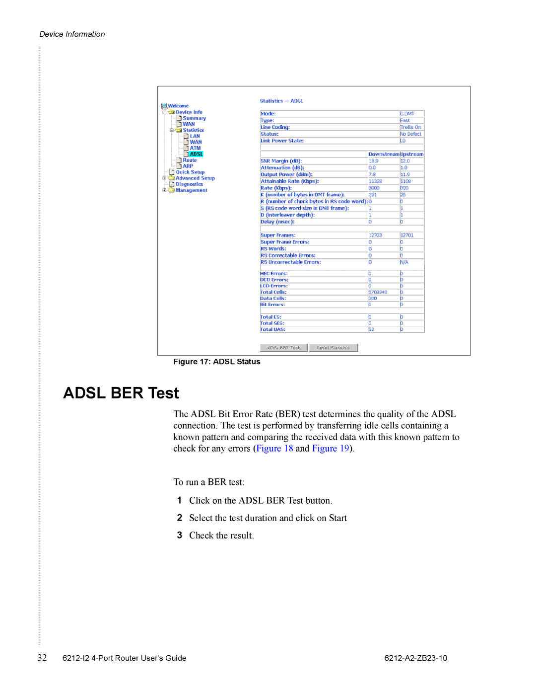 Zhone Technologies 6212-I2 manual Adsl BER Test, Adsl Status 