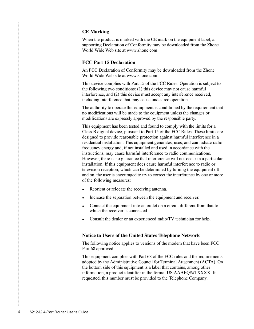 Zhone Technologies 6212-I2 manual CE Marking FCC Part 15 Declaration 