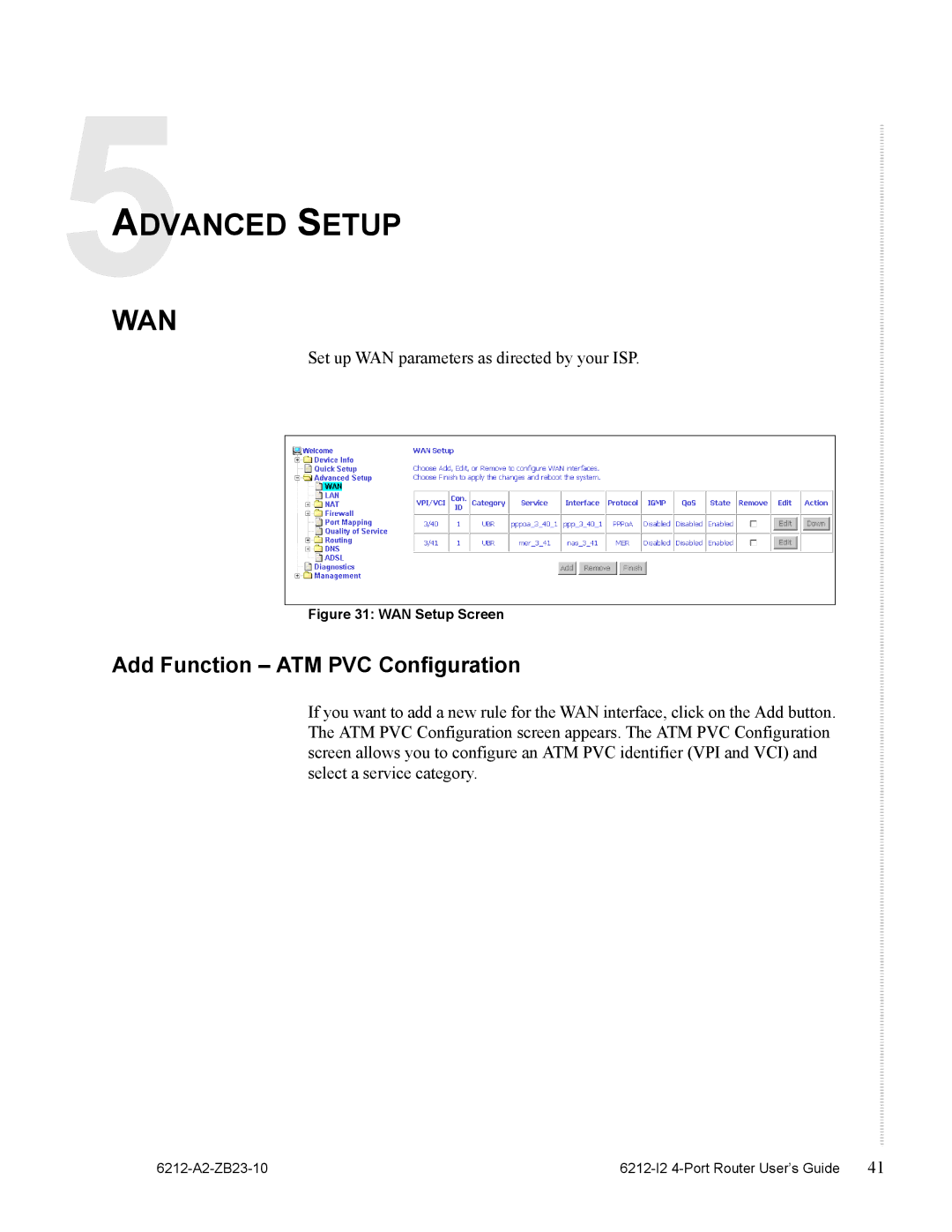 Zhone Technologies 6212-I2 manual Advanced Setup, Add Function ATM PVC Configuration 