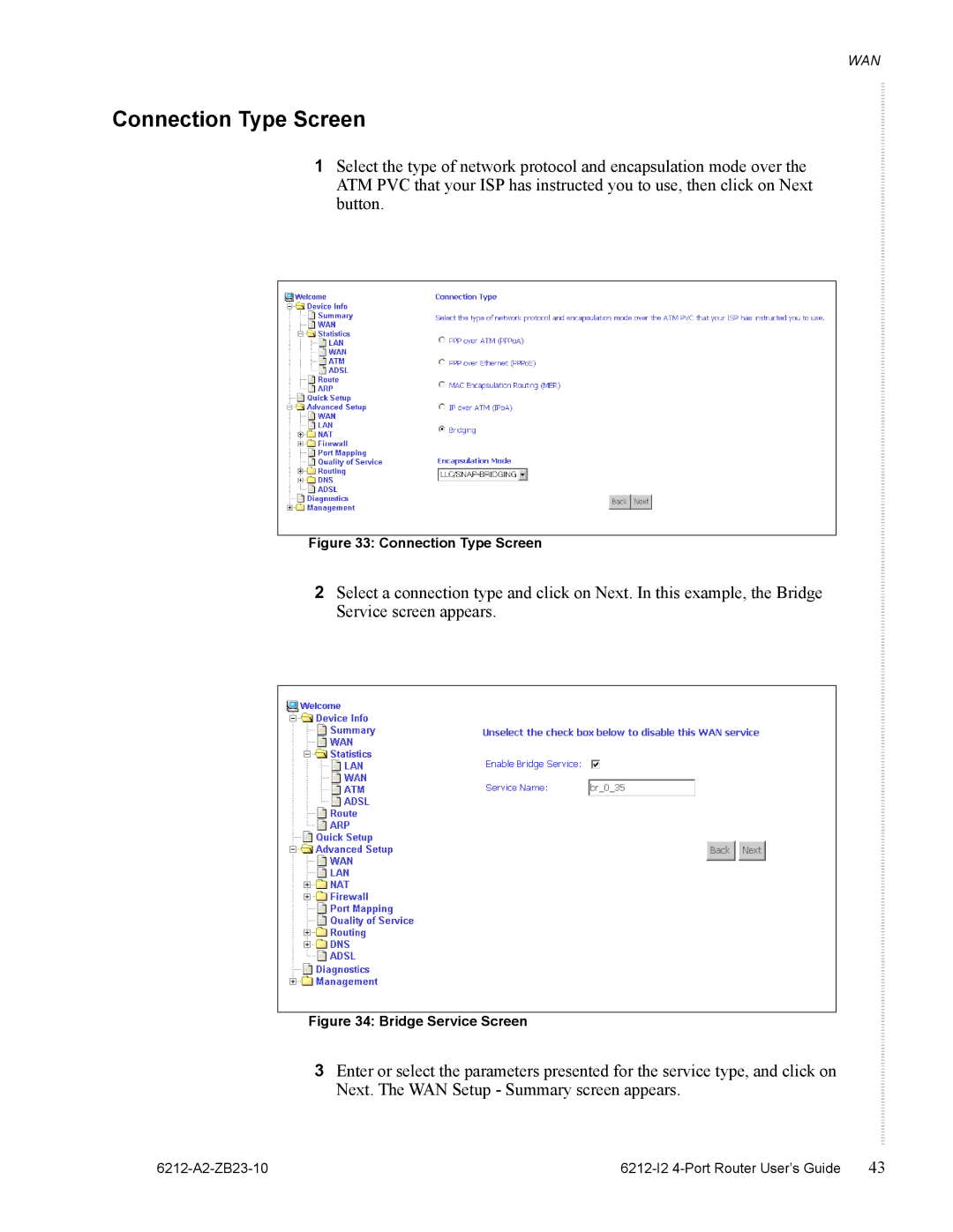 Zhone Technologies 6212-I2 manual Connection Type Screen 