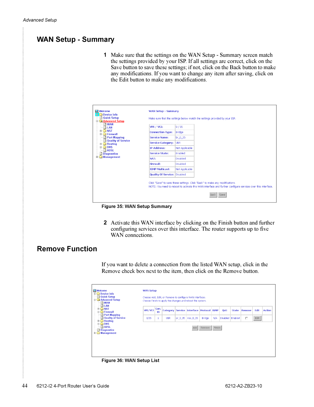 Zhone Technologies 6212-I2 manual WAN Setup Summary, Remove Function 