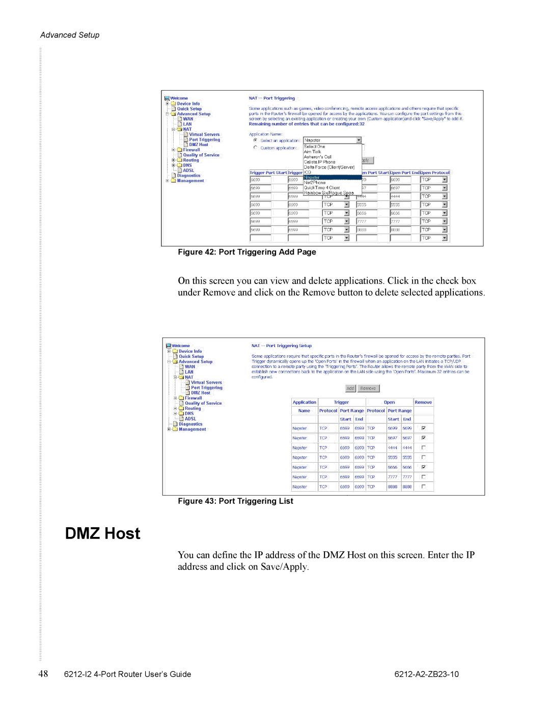 Zhone Technologies 6212-I2 manual DMZ Host, Port Triggering Add 