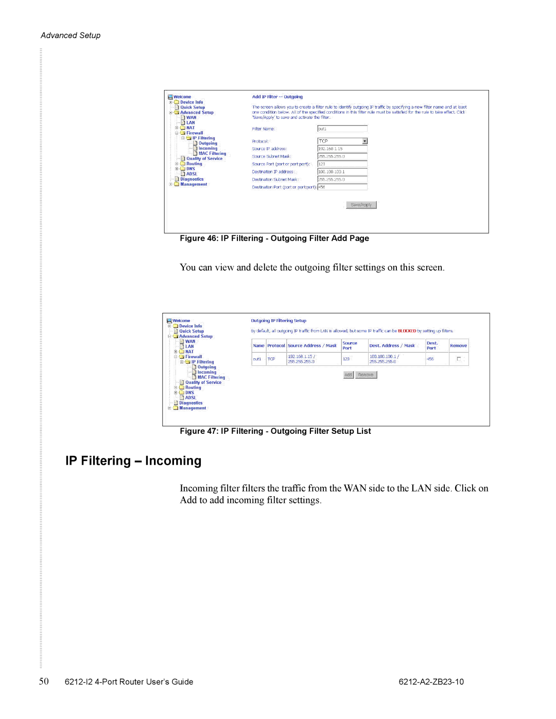 Zhone Technologies 6212-I2 manual IP Filtering Incoming, IP Filtering Outgoing Filter Add 