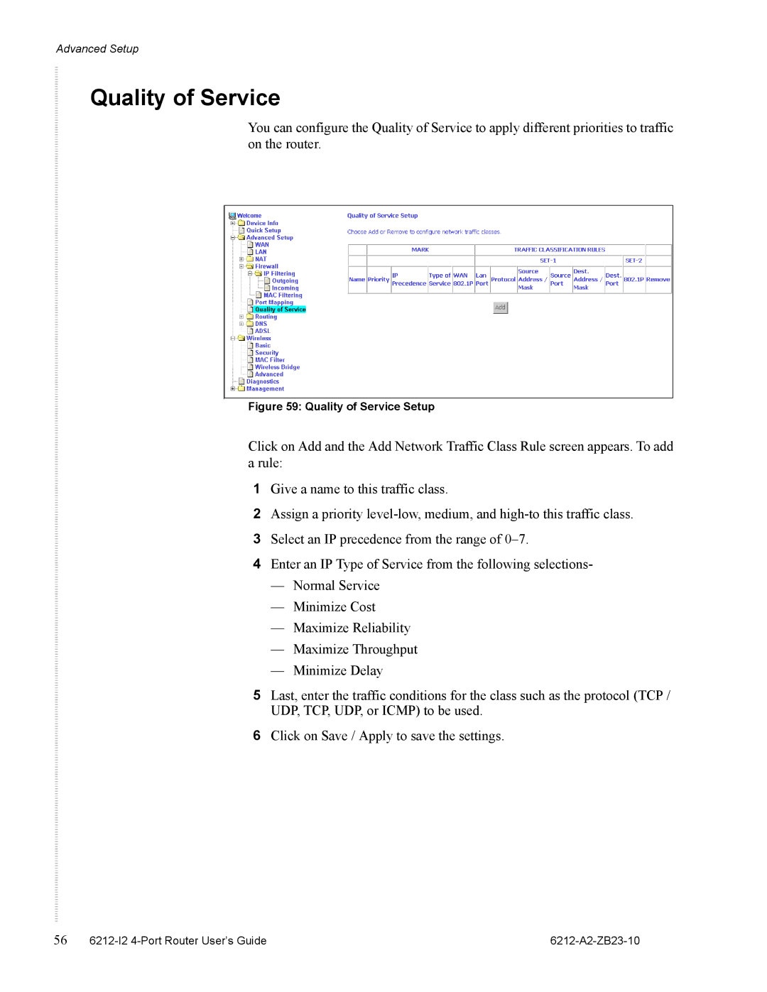 Zhone Technologies 6212-I2 manual Quality of Service Setup 