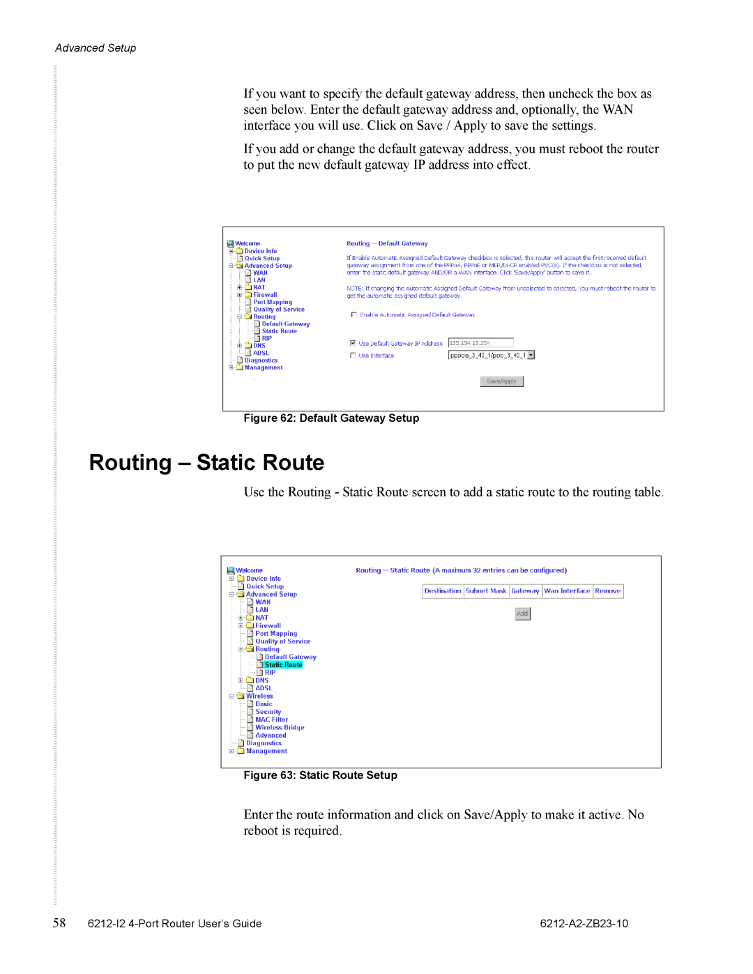 Zhone Technologies 6212-I2 manual Routing Static Route, Static Route Setup 